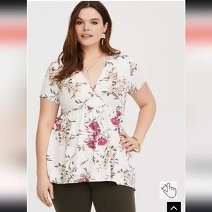 Torrid Floral V-Neck Blouse with Pink and Cream Accents